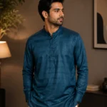 Teal Textured Ban Collar Shirt