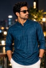 Teal Textured Ban Collar Shirt - Image 2
