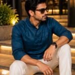 Teal Textured Ban Collar Shirt
