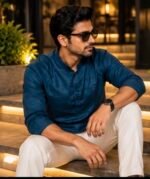 Teal Textured Ban Collar Shirt